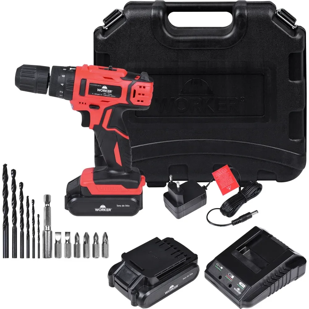 Parafusadeira Furadeira Worker 12V Bivolt + Kit Completo 17 Peças - Envio Imediato